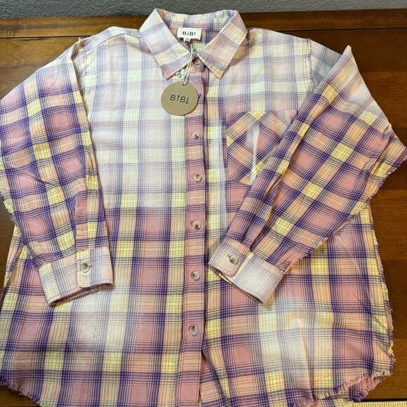 BiBi Purple Plaid Long Sleeve Raw Hem Faded Women's Shirt Size Medium - Picture 1 of 8